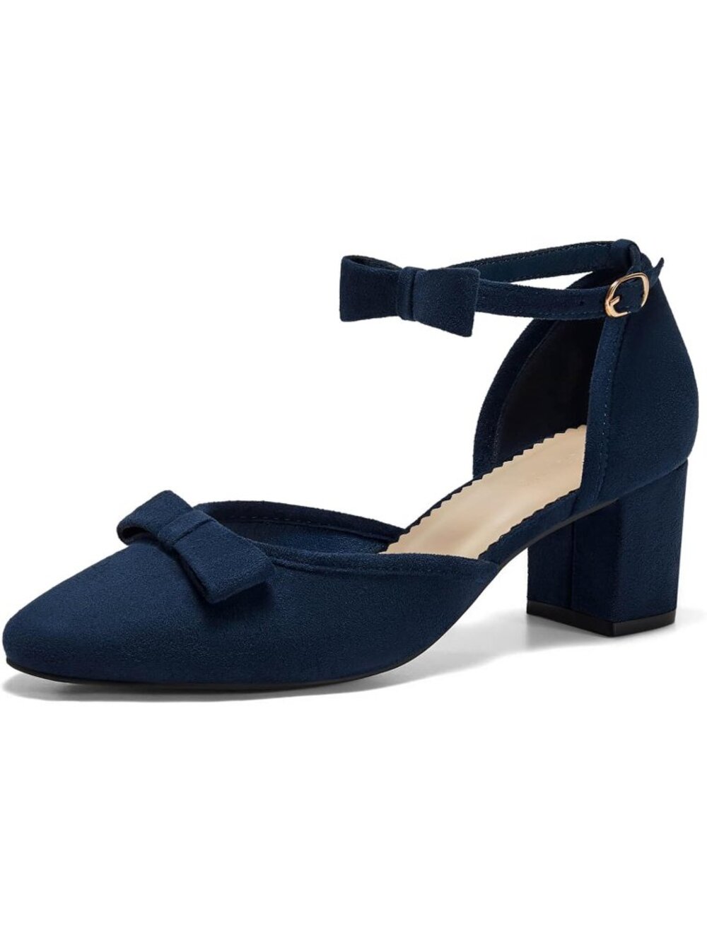 Women's Navy Chunky Low Heels Bow Closed Toe Ankle Strap Elegant Wedding Pumps